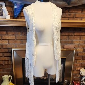 BONGO Cream Crochet Vest with Fringe Size M Boho Festival Open Knit Hippie